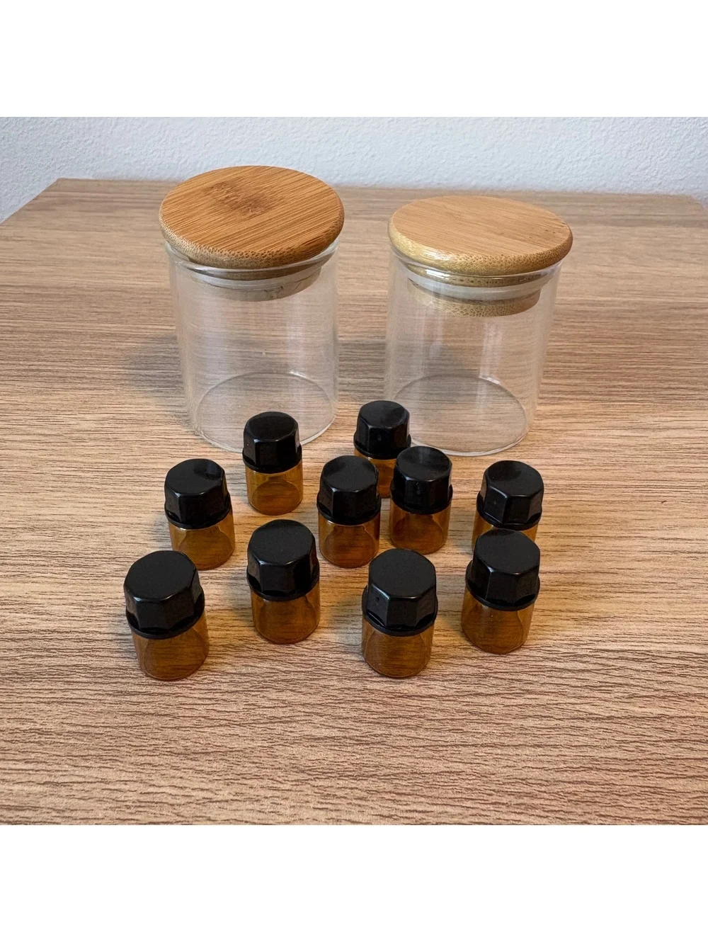 10 Amber Glass Sample Vials Jars w/ Black Caps + 2 Glass Bamboo Lid Storage Jars